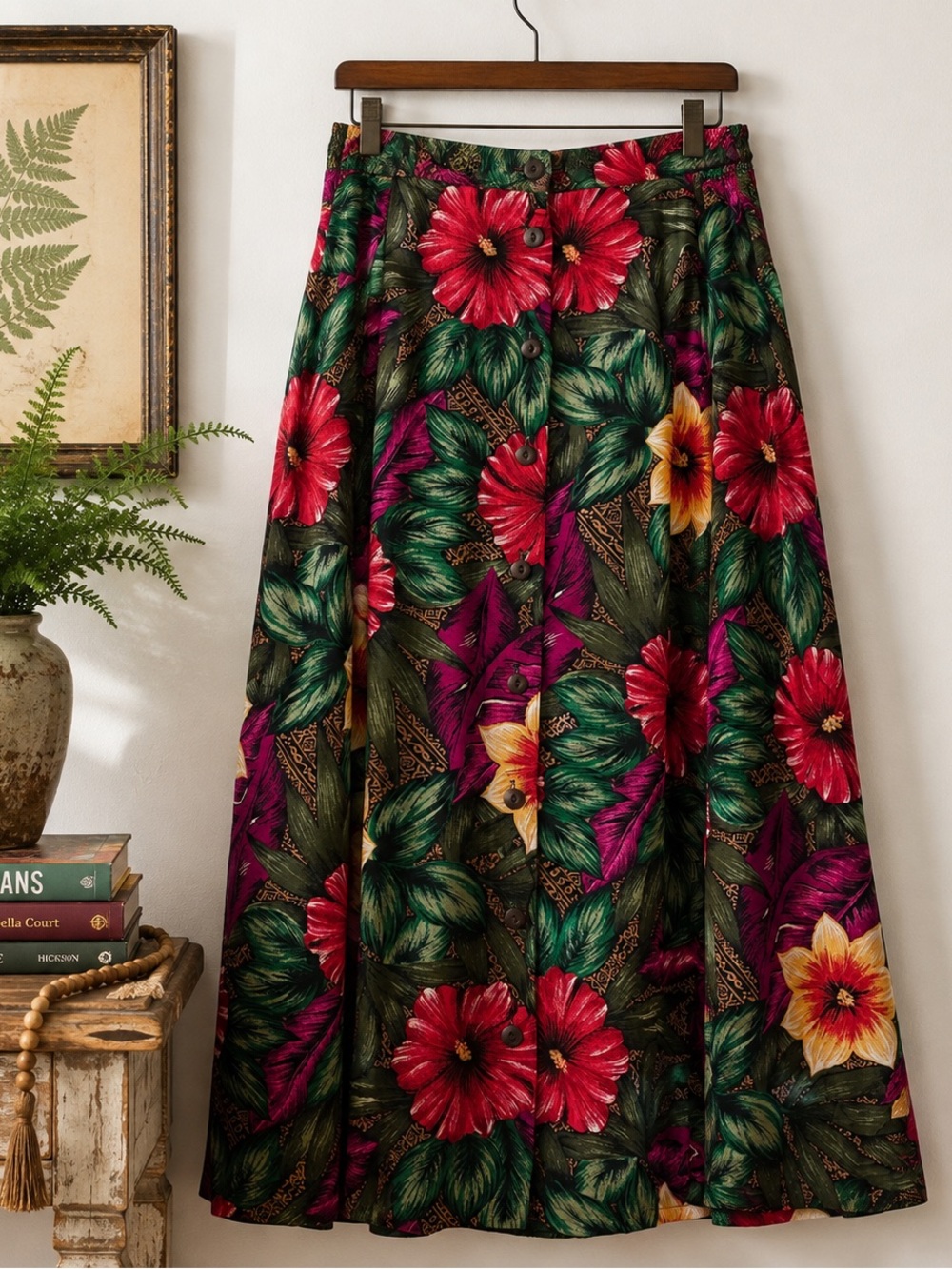 Vintage Dark Floral Button Front Rayon Midi Skirt XL